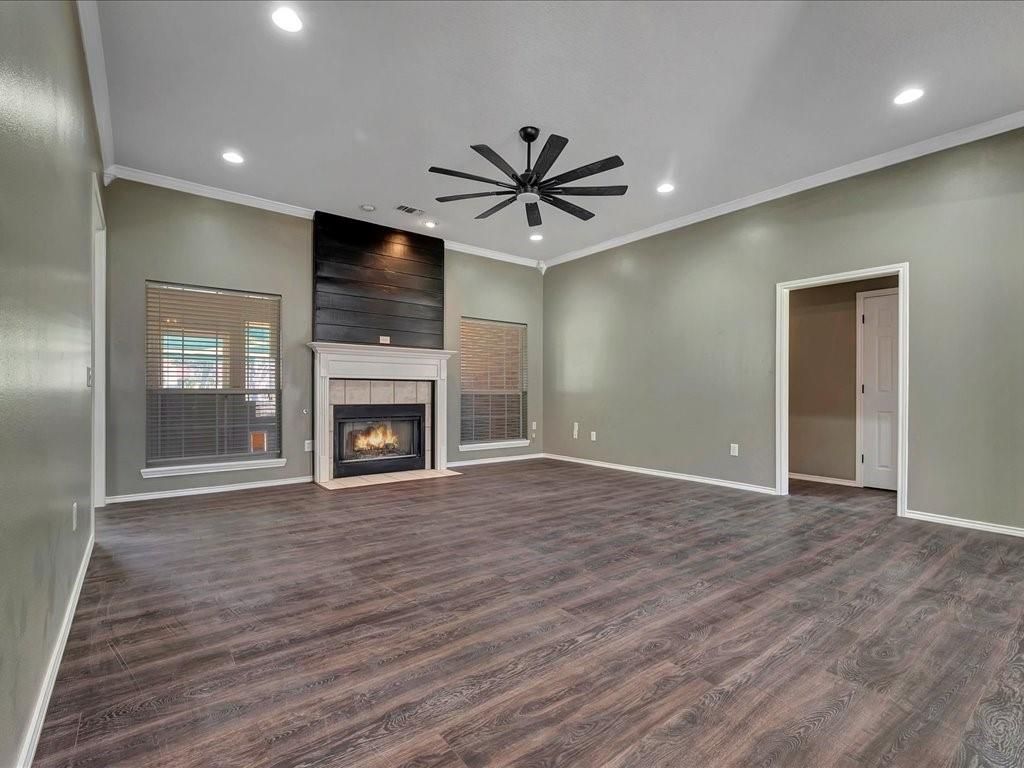 Empty room, Fireplace, Interior, Recessed Lighting, Wood Texture Flooring