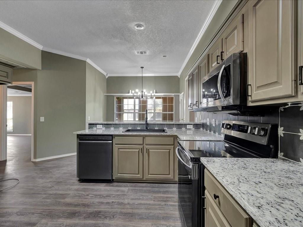 Chandelier, Interior, Kitchen, Pendant Lights, Recessed Lighting, Wood Texture Flooring