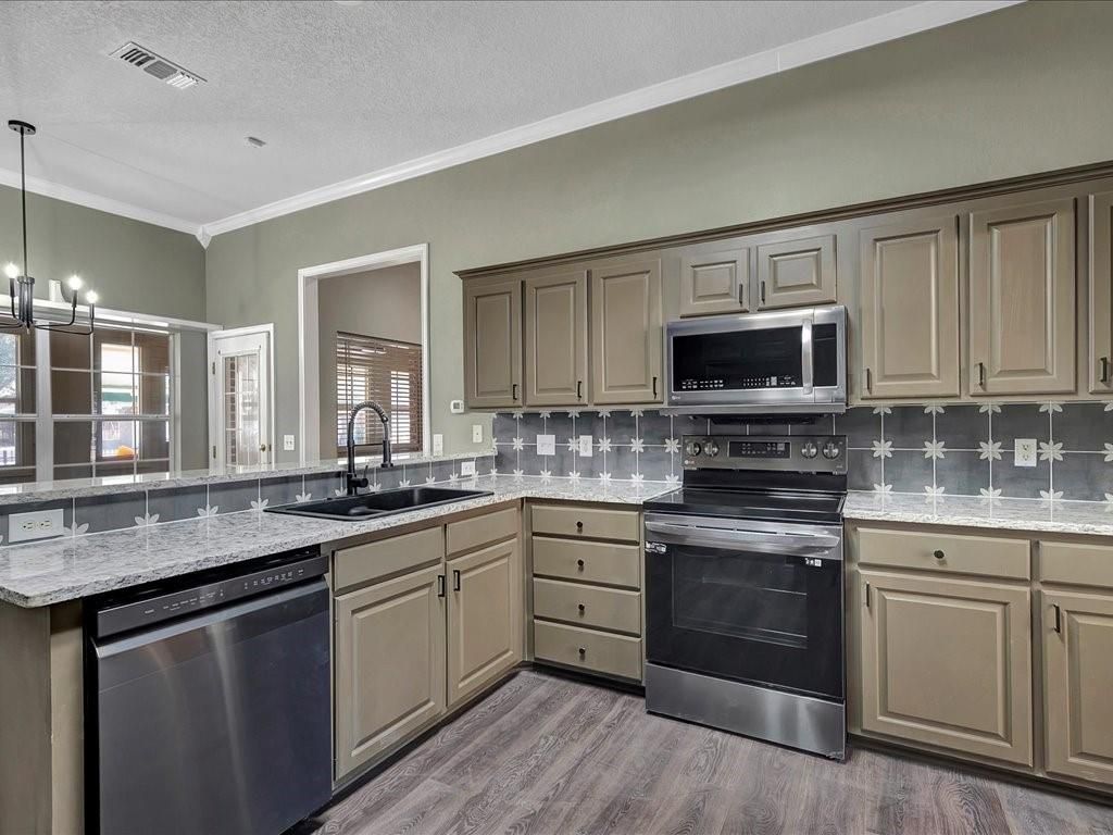 Interior, Kitchen, Pendant Lights, Recessed Lighting, Stainless Steel Appliances, Wood Texture Flooring