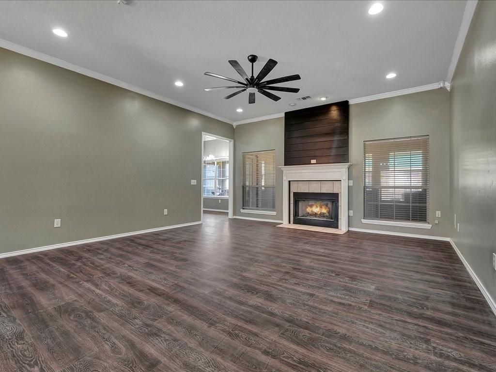Empty room, Fireplace, Interior, Pendant Lights, Recessed Lighting, Wood Texture Flooring