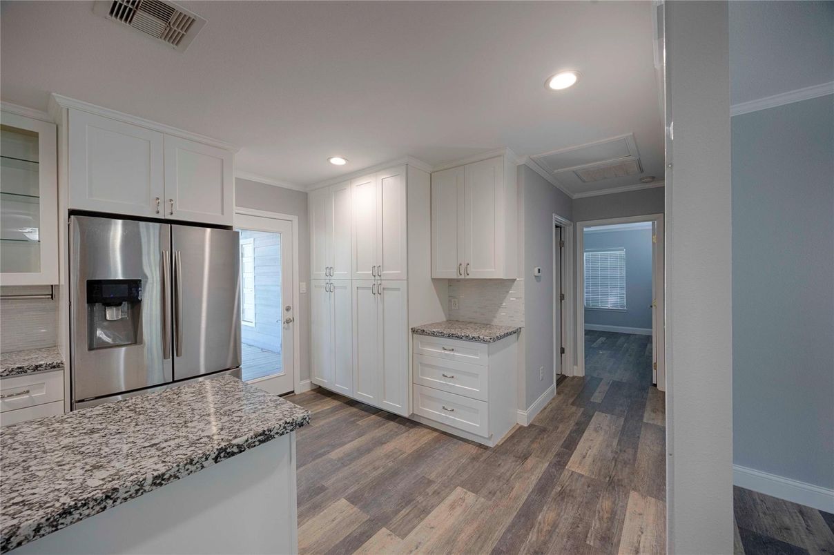 Interior, Kitchen, Recessed Lighting, Stainless Steel Appliances, Wood Texture Flooring