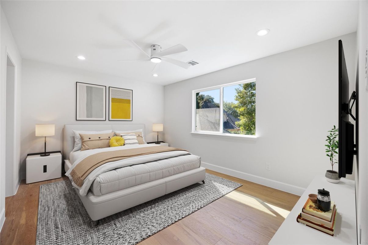 Bedroom, Interior, Recessed Lighting, Wood Texture Flooring