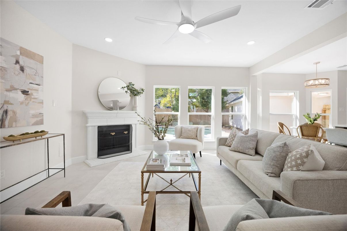 Dining room, Fireplace, Interior, Living room, Recessed Lighting
