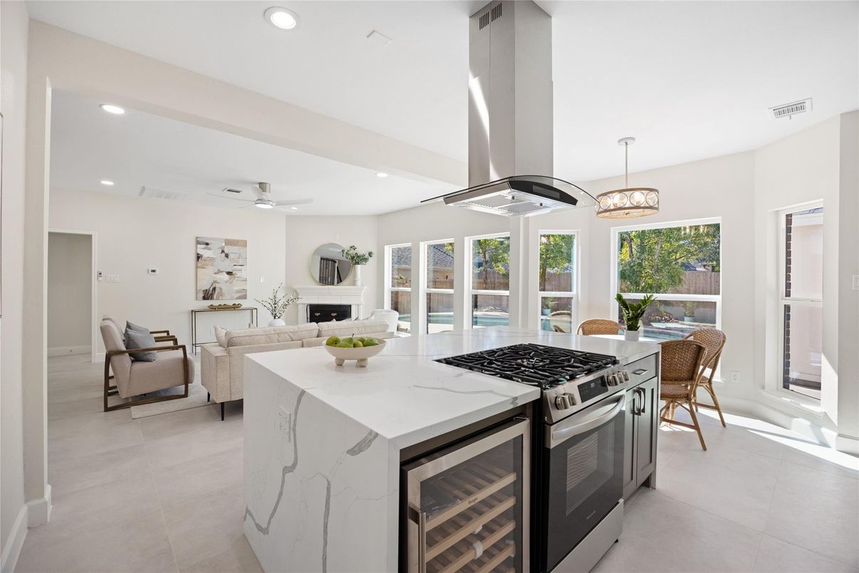 Dining room, Fireplace, Interior, Kitchen, Living room, Pendant Lights, Recessed Lighting, Stainless Steel Appliances