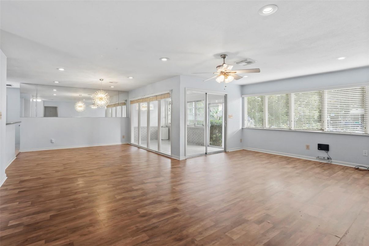 Chandelier, Empty room, Interior, Recessed Lighting, Wood Texture Flooring