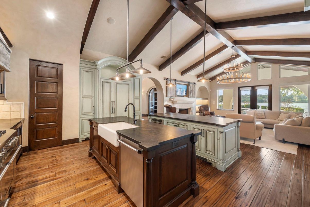 Fireplace, Interior, Kitchen, Living room, Pendant Lights, Recessed Lighting, Stainless Steel Appliances, Wooden Beams, Wood Texture Flooring