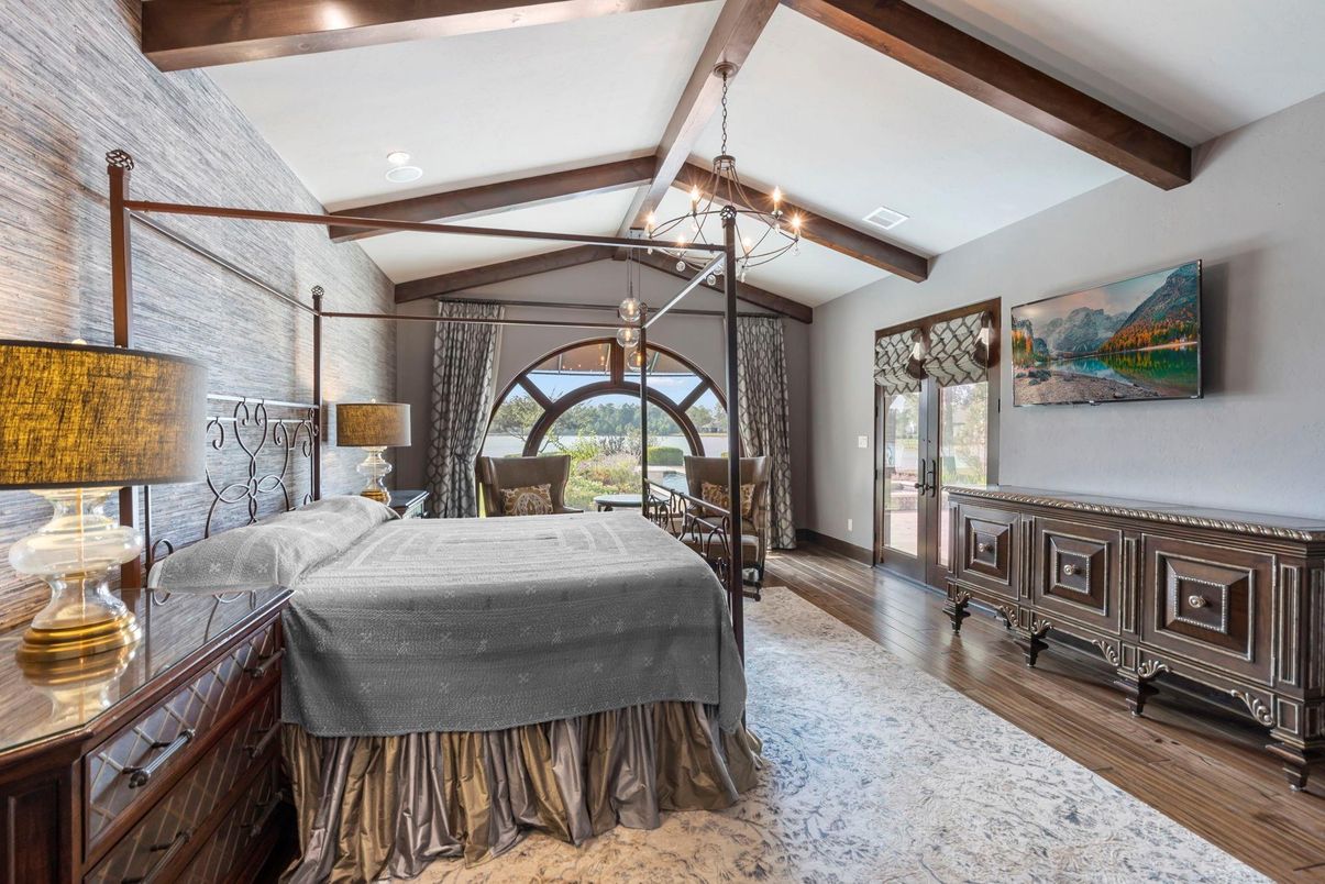 Bedroom, Interior, Recessed Lighting, Wooden Beams, Wood Texture Flooring