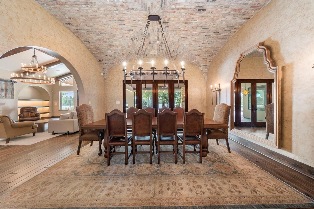 Chandelier, Dining room, Fireplace, Interior, Living room, Pendant Lights, Wood Texture Flooring