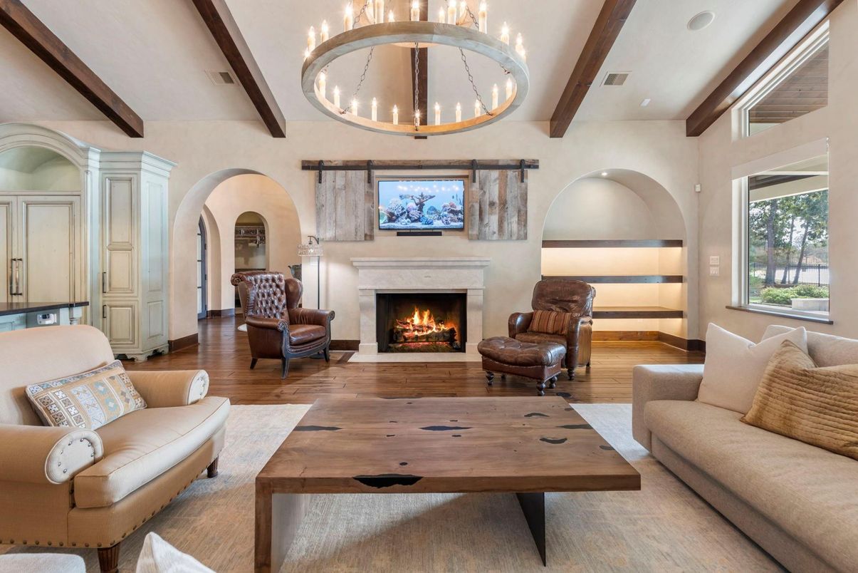 Chandelier, Fireplace, Interior, Living room, Pendant Lights, Wooden Beams, Wood Texture Flooring