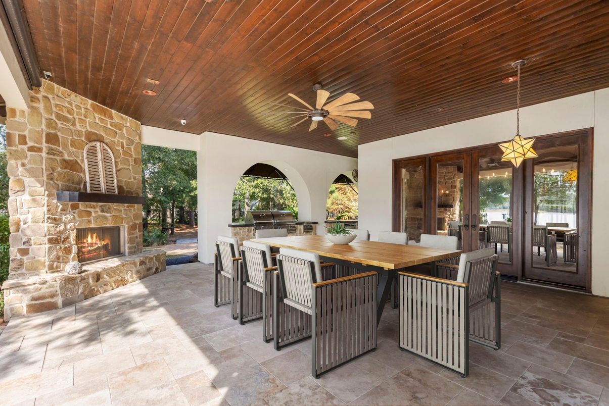 Exterior, Fireplace, Outdoor Kitchen, Pendant Lights