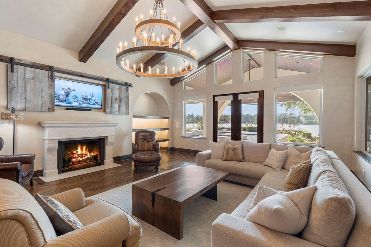 Chandelier, Fireplace, Interior, Living room, Wooden Beams, Wood Texture Flooring