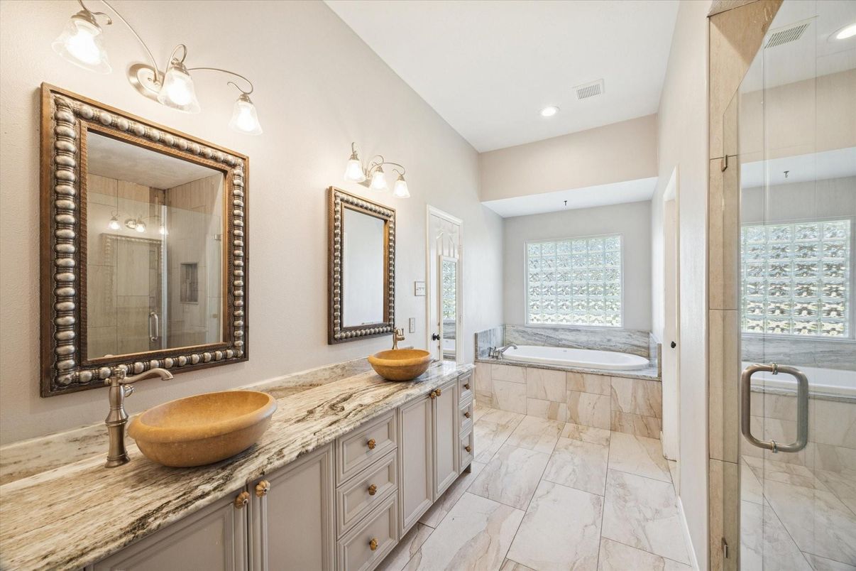Bathroom, Dual Sink Vanities, Glass Shower, Interior, Marble, Recessed Lighting