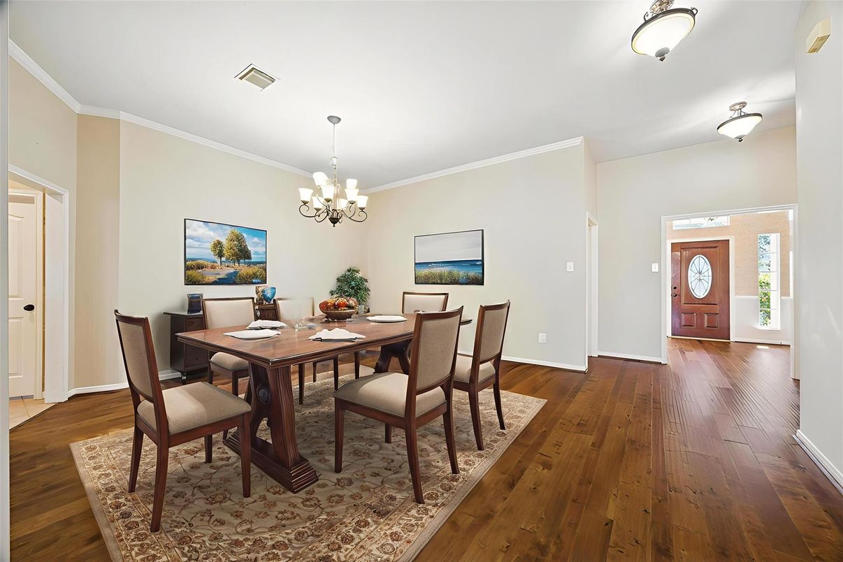 Chandelier, Dining room, Interior, Wood Texture Flooring