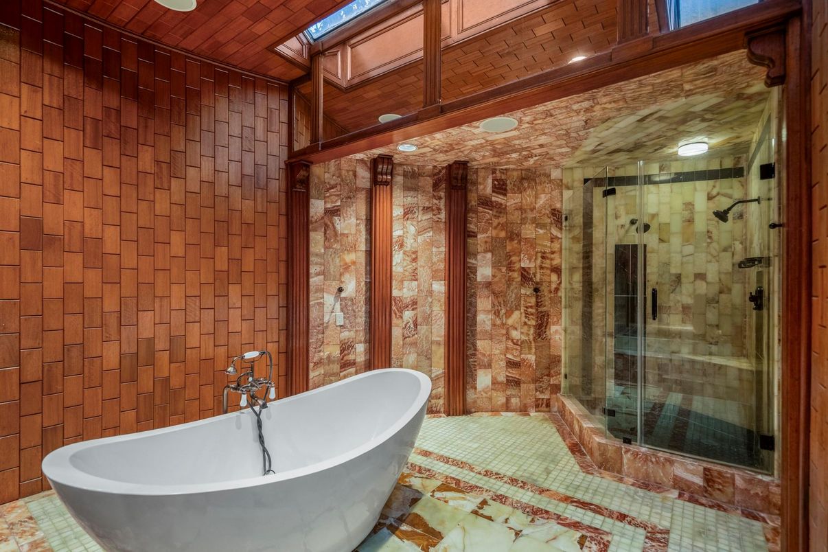 Bathroom, Free Standing Baths, Glass Shower, Interior, Recessed Lighting, Wooden Ceilings