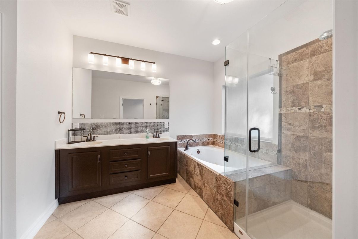 Bathroom, Dual Sink Vanities, Glass Shower, Interior, Recessed Lighting