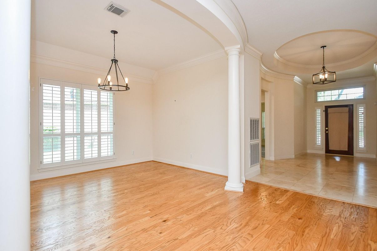 Chandelier, Empty room, Interior, Pendant Lights, Wood Texture Flooring