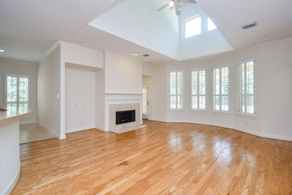 Empty room, Fireplace, Interior, Recessed Lighting, Wood Texture Flooring