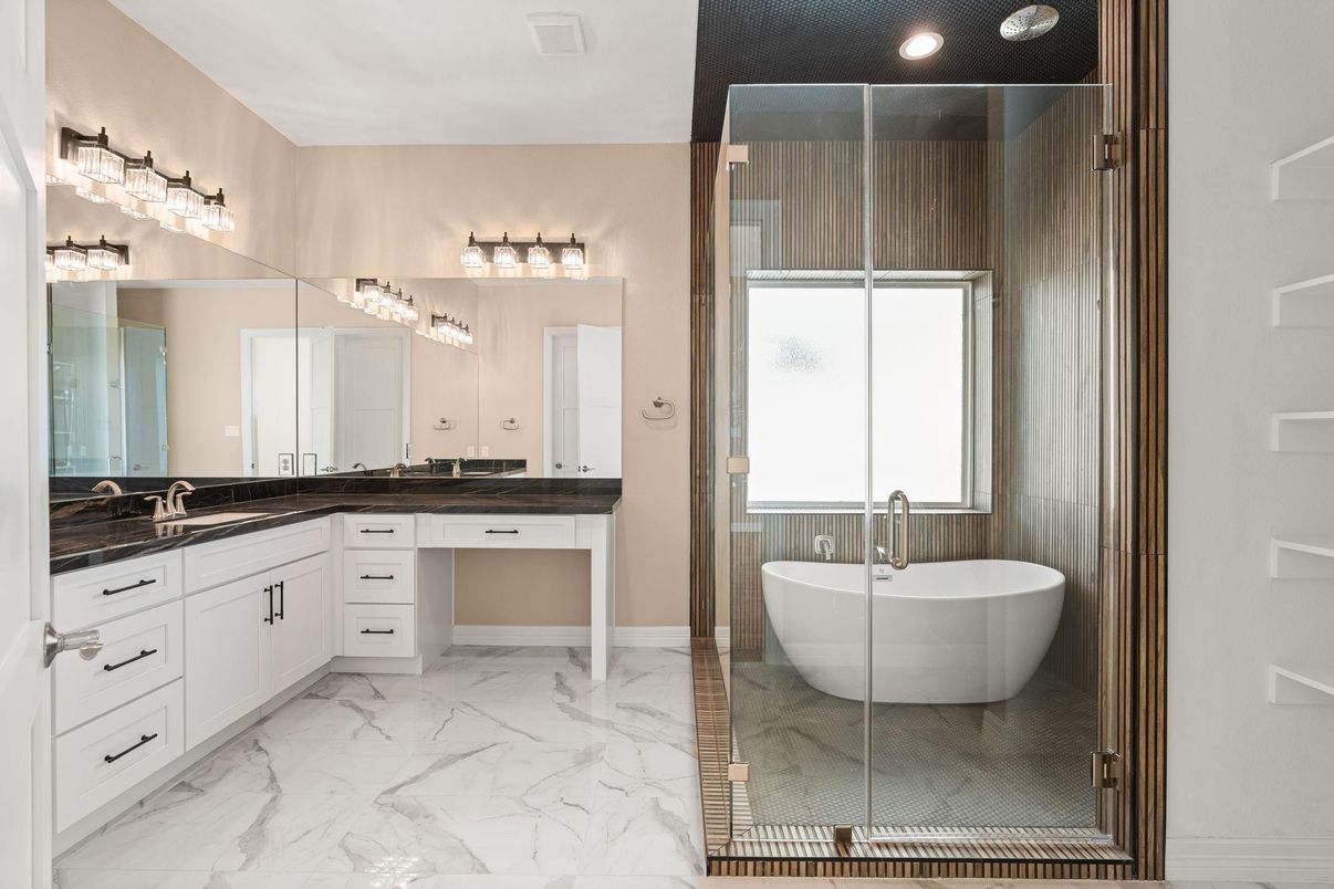 Bathroom, Dual Sink Vanities, Free Standing Baths, Glass Shower, Interior, Marble, Recessed Lighting