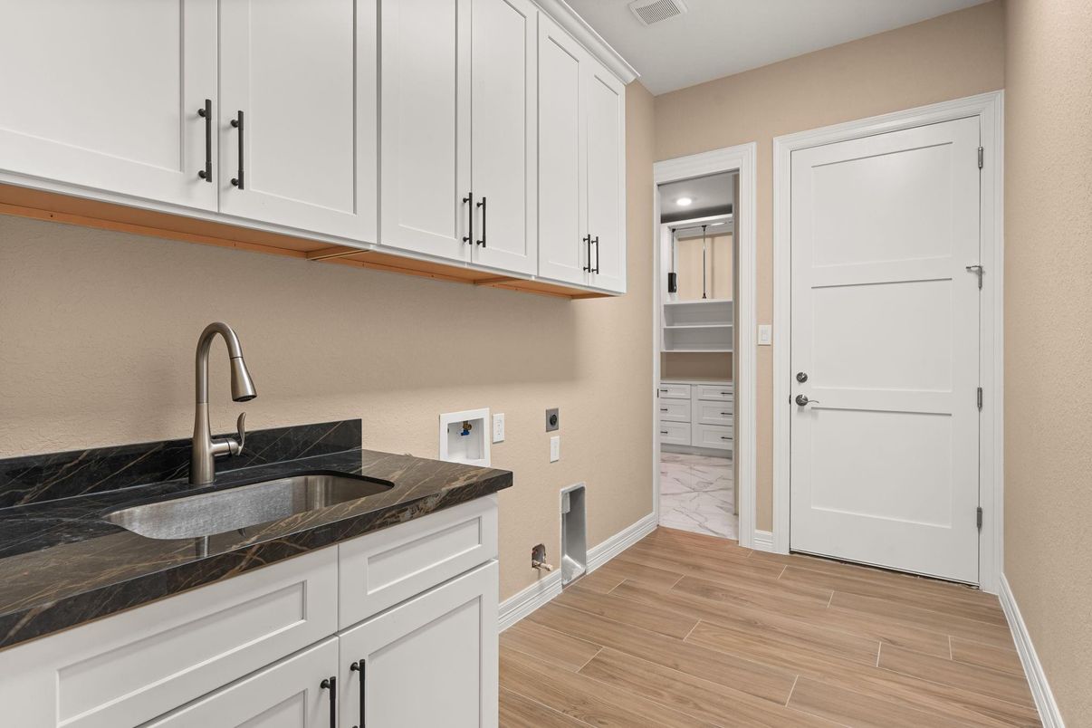 Interior, Kitchen, Marble, Recessed Lighting, Wood Texture Flooring