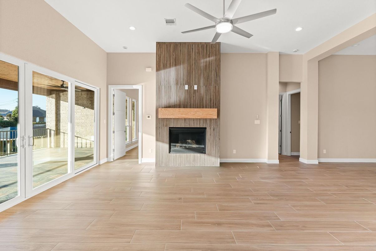 Empty room, Fireplace, Interior, Recessed Lighting, Wood Texture Flooring