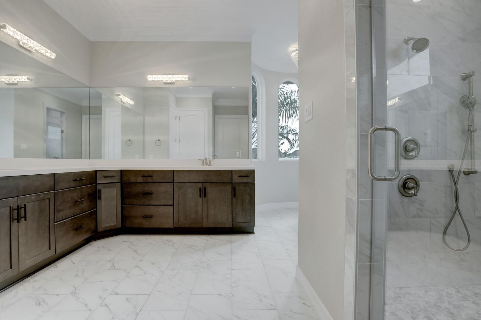 Bathroom, Dual Sink Vanities, Glass Shower, Interior, Marble, Recessed Lighting