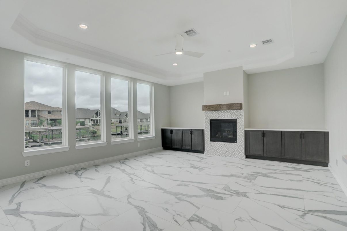 Empty room, Fireplace, Interior, Marble, Recessed Lighting