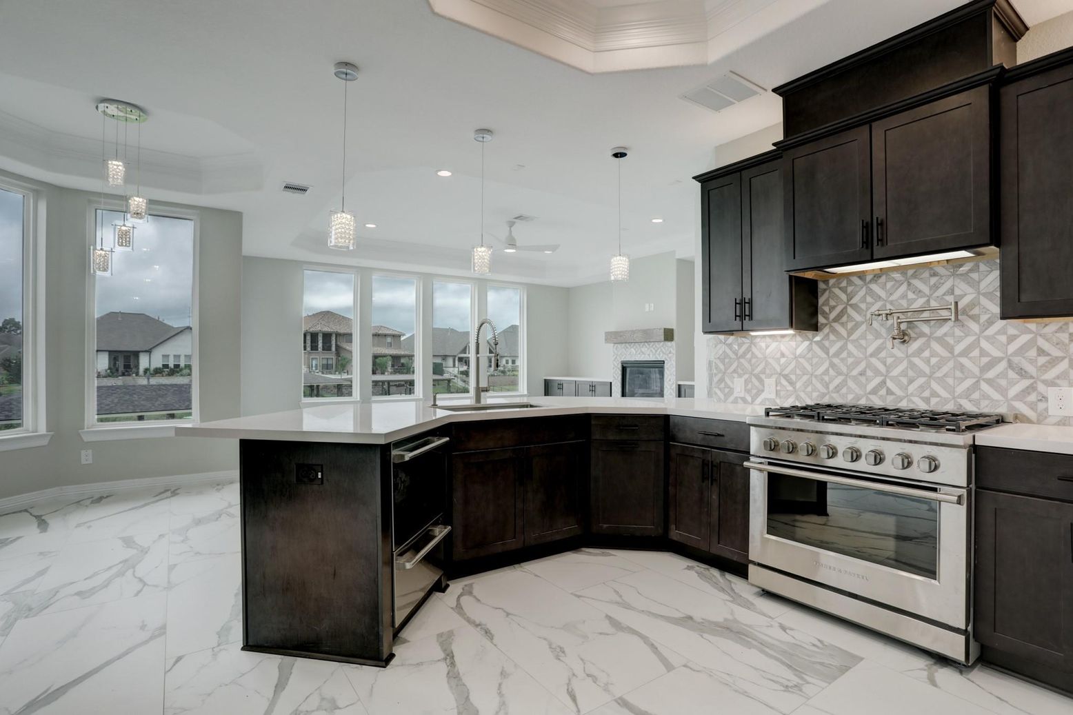 Interior, Kitchen, Marble, Pendant Lights, Recessed Lighting, Stainless Steel Appliances