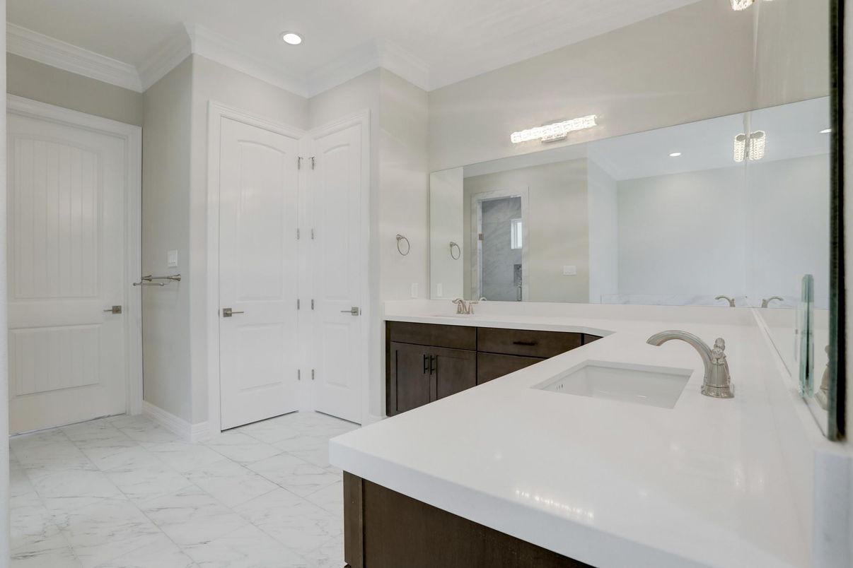 Bathroom, Dual Sink Vanities, Interior, Marble, Recessed Lighting