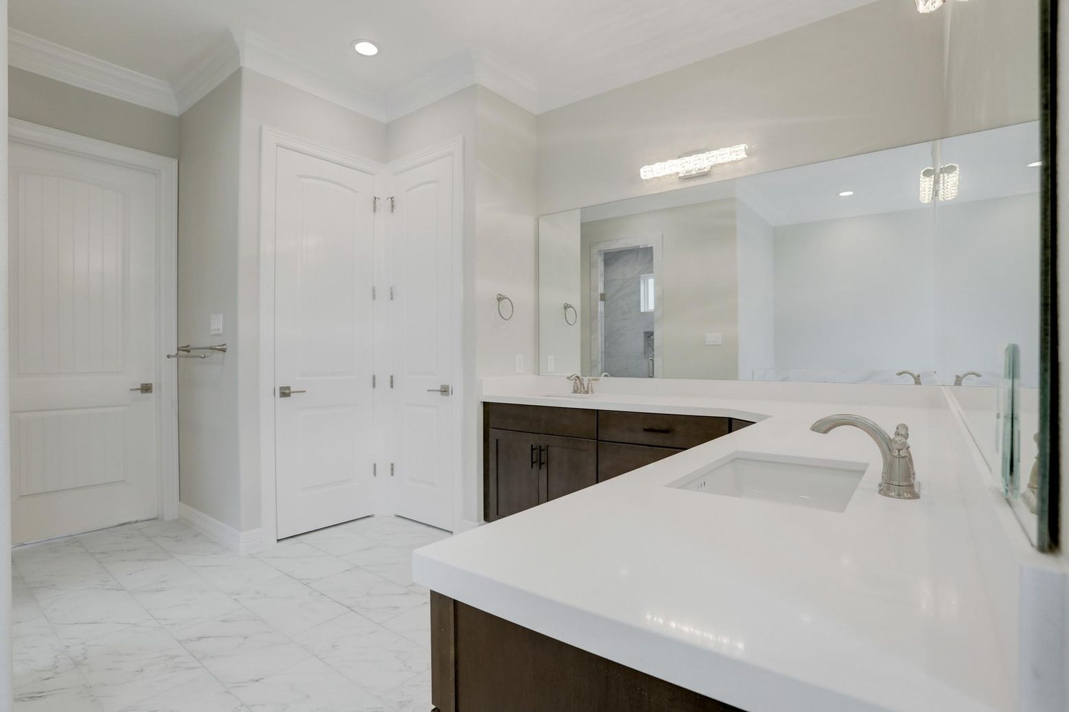Bathroom, Dual Sink Vanities, Interior, Marble, Recessed Lighting
