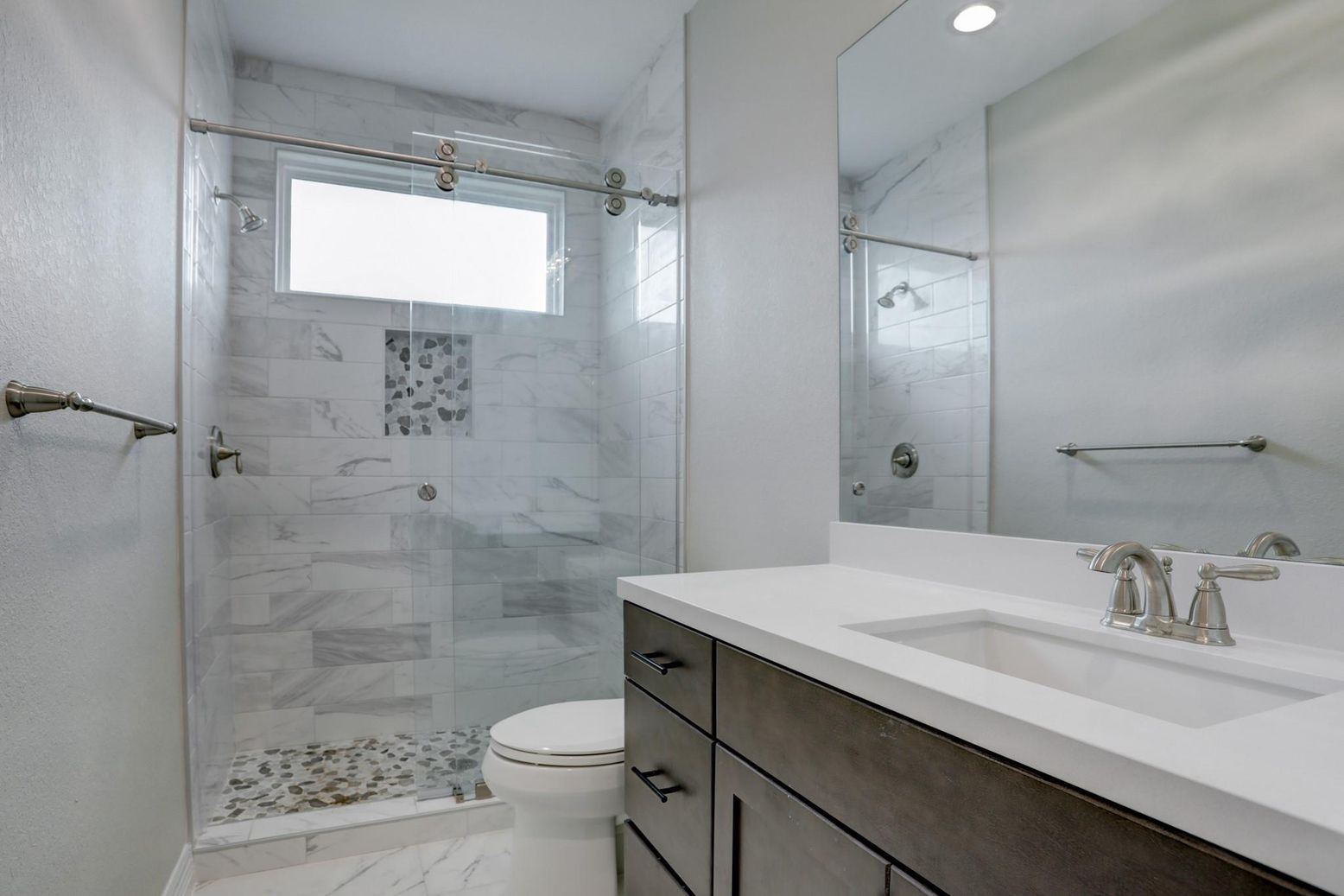 Bathroom, Glass Shower, Interior, Marble, Marble Walls, Recessed Lighting