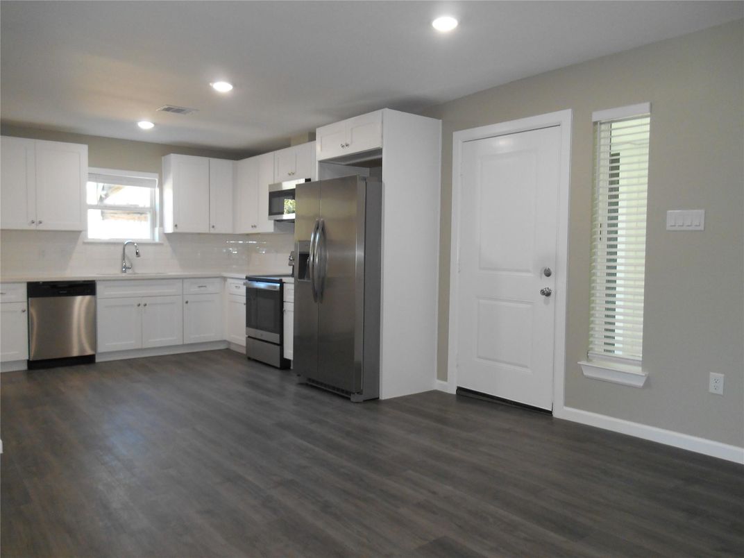 Interior, Kitchen, Recessed Lighting, Stainless Steel Appliances, Wood Texture Flooring