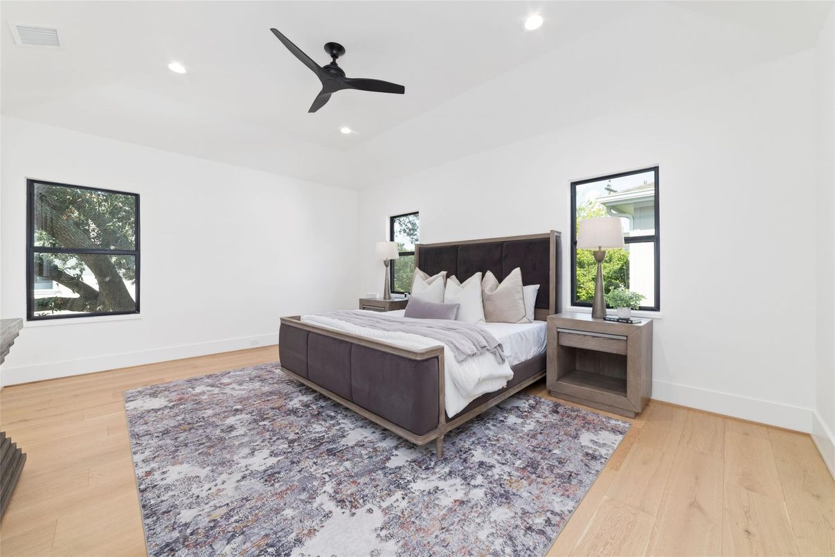 Bedroom, Interior, Recessed Lighting, Wood Texture Flooring