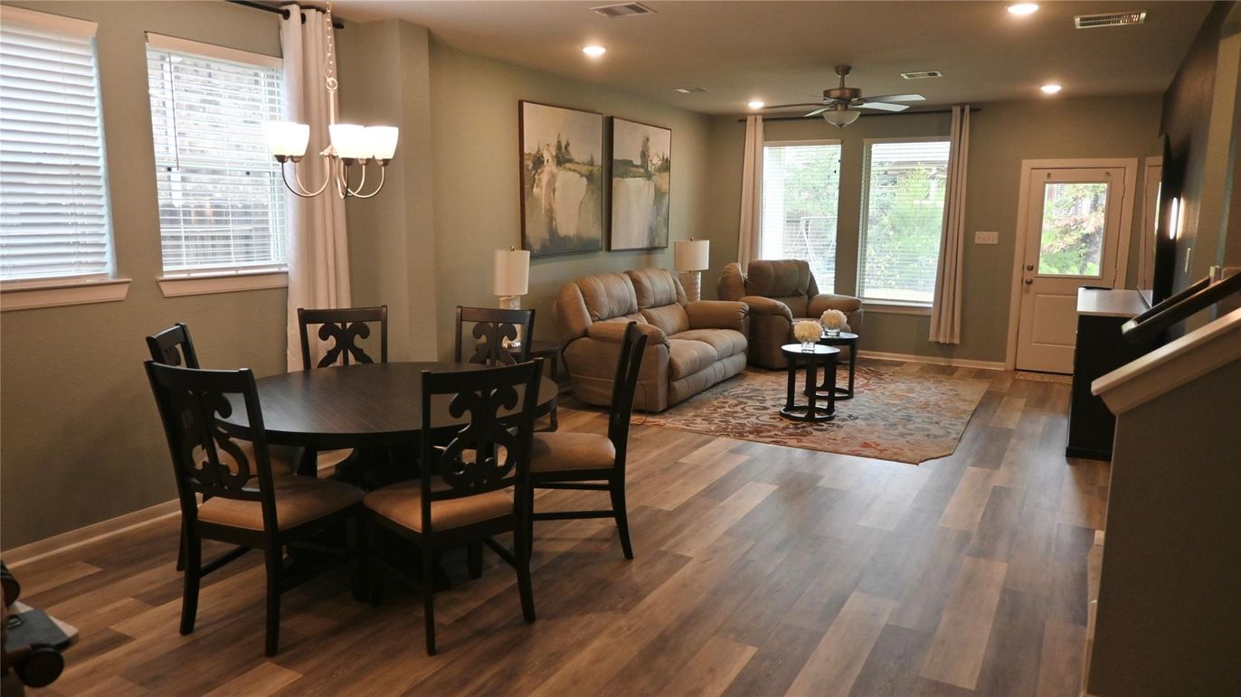 Dining room, Interior, Living room, Recessed Lighting, Wood Texture Flooring