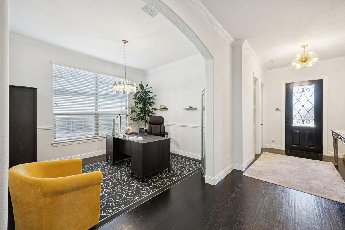 Chandelier, Home Office, Interior, Pendant Lights, Wood Texture Flooring
