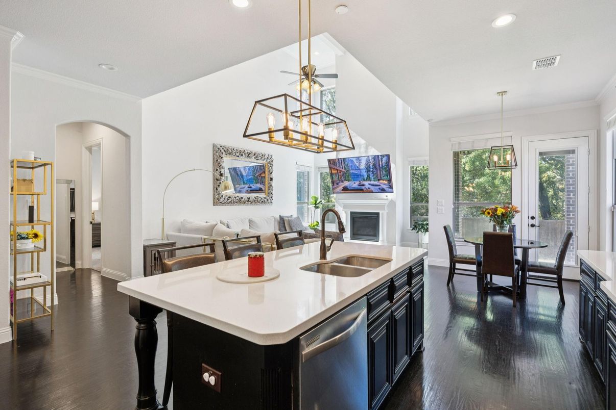 Dining room, Fireplace, Interior, Kitchen, Pendant Lights, Recessed Lighting, Wood Texture Flooring