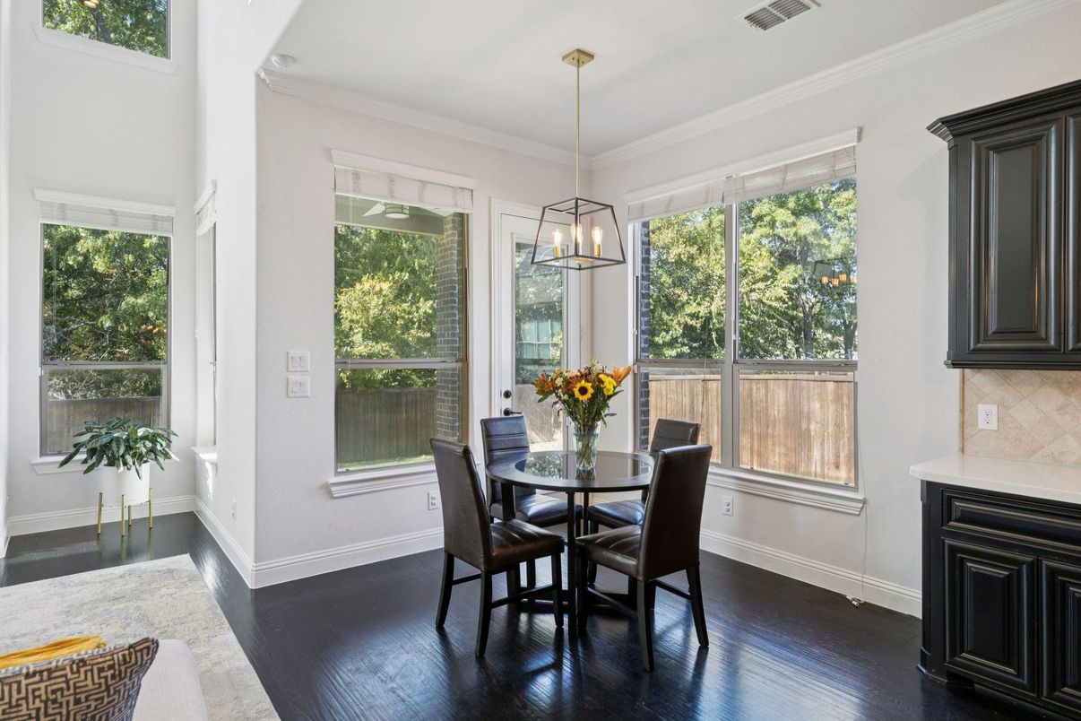Dining room, Interior, Pendant Lights, Wood Texture Flooring