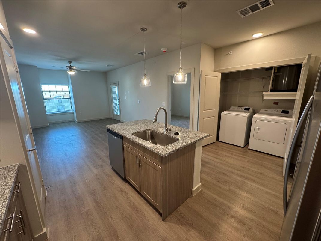 Interior, Kitchen, Pendant Lights, Recessed Lighting, Washer, Wood Texture Flooring