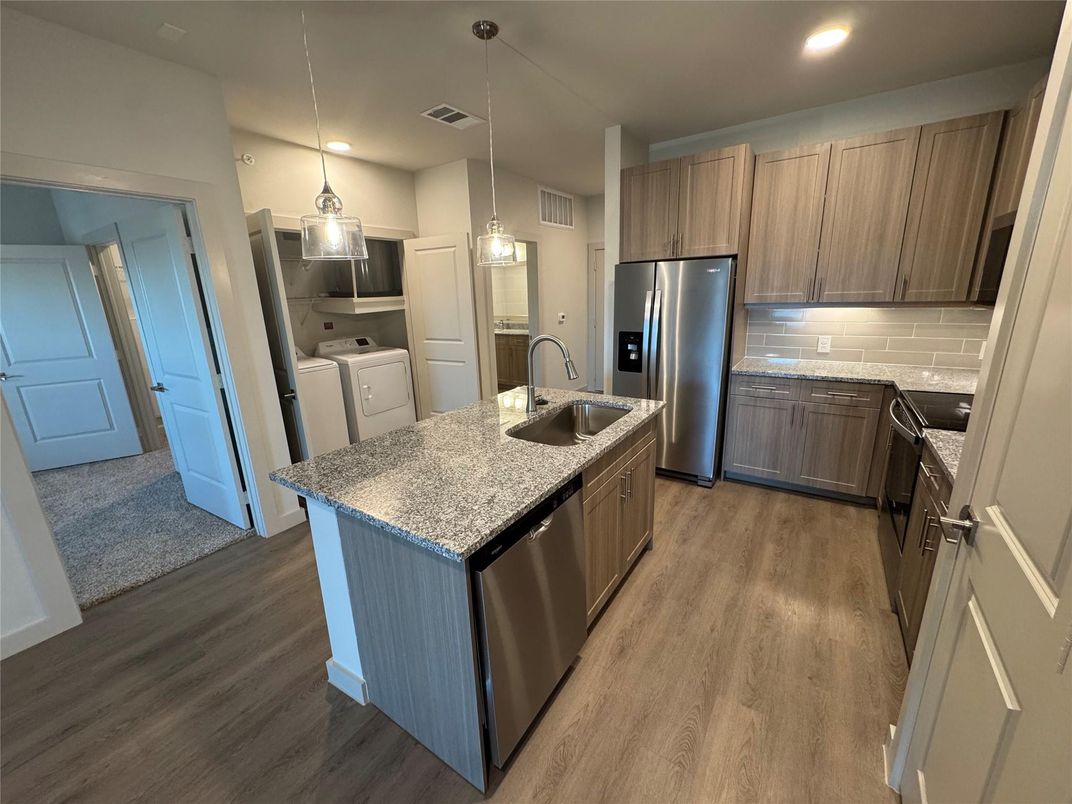 Interior, Kitchen, Pendant Lights, Recessed Lighting, Stainless Steel Appliances, Wood Texture Flooring