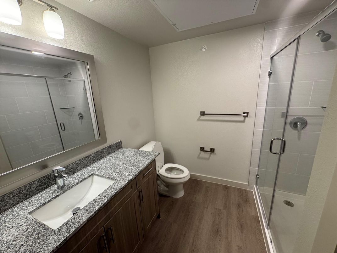 Bathroom, Glass Shower, Interior, Wood Texture Flooring