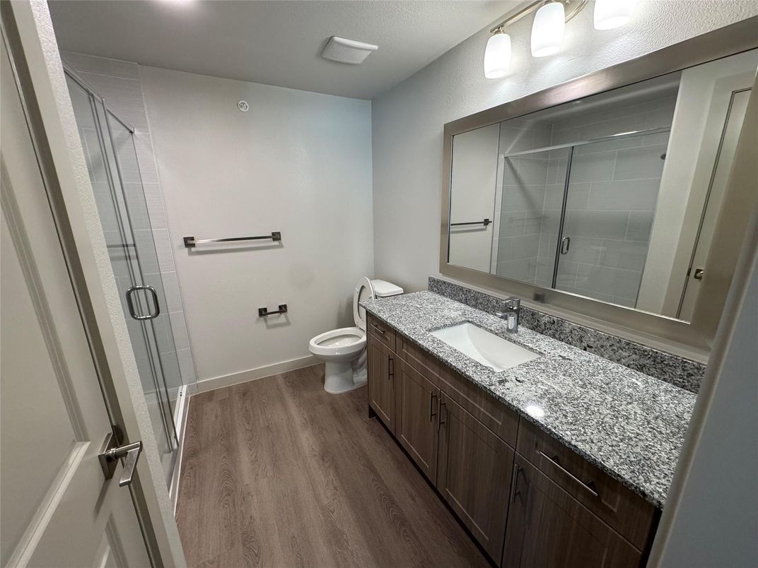 Bathroom, Glass Shower, Interior, Wood Texture Flooring