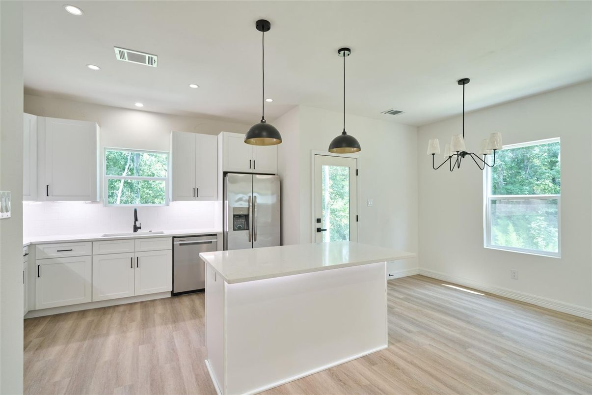 Interior, Kitchen, Pendant Lights, Recessed Lighting, Stainless Steel Appliances, Wood Texture Flooring