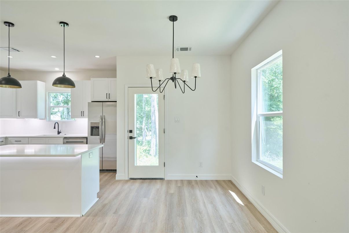 Chandelier, Interior, Kitchen, Pendant Lights, Recessed Lighting, Wood Texture Flooring
