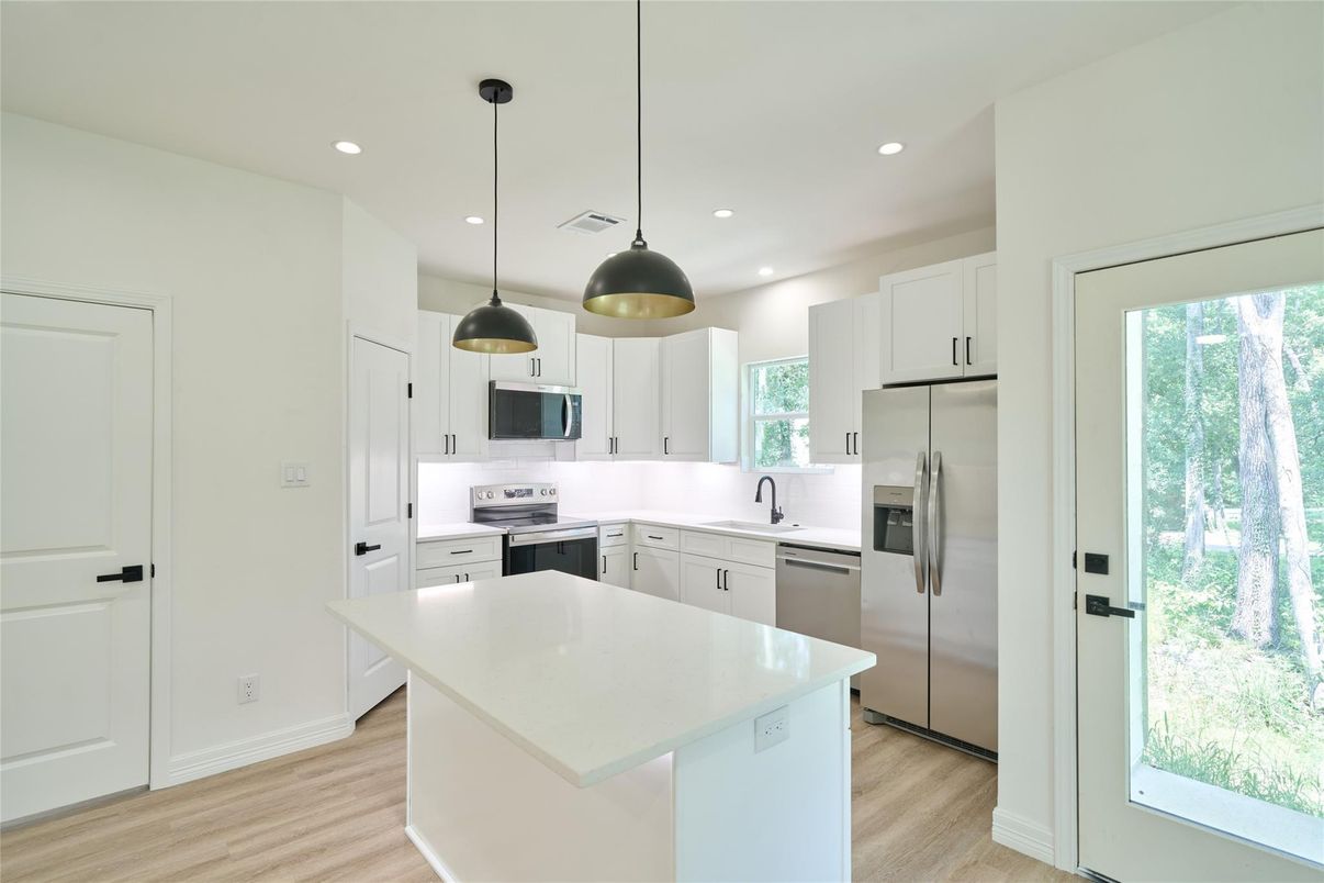 Interior, Kitchen, Pendant Lights, Recessed Lighting, Stainless Steel Appliances, Wood Texture Flooring