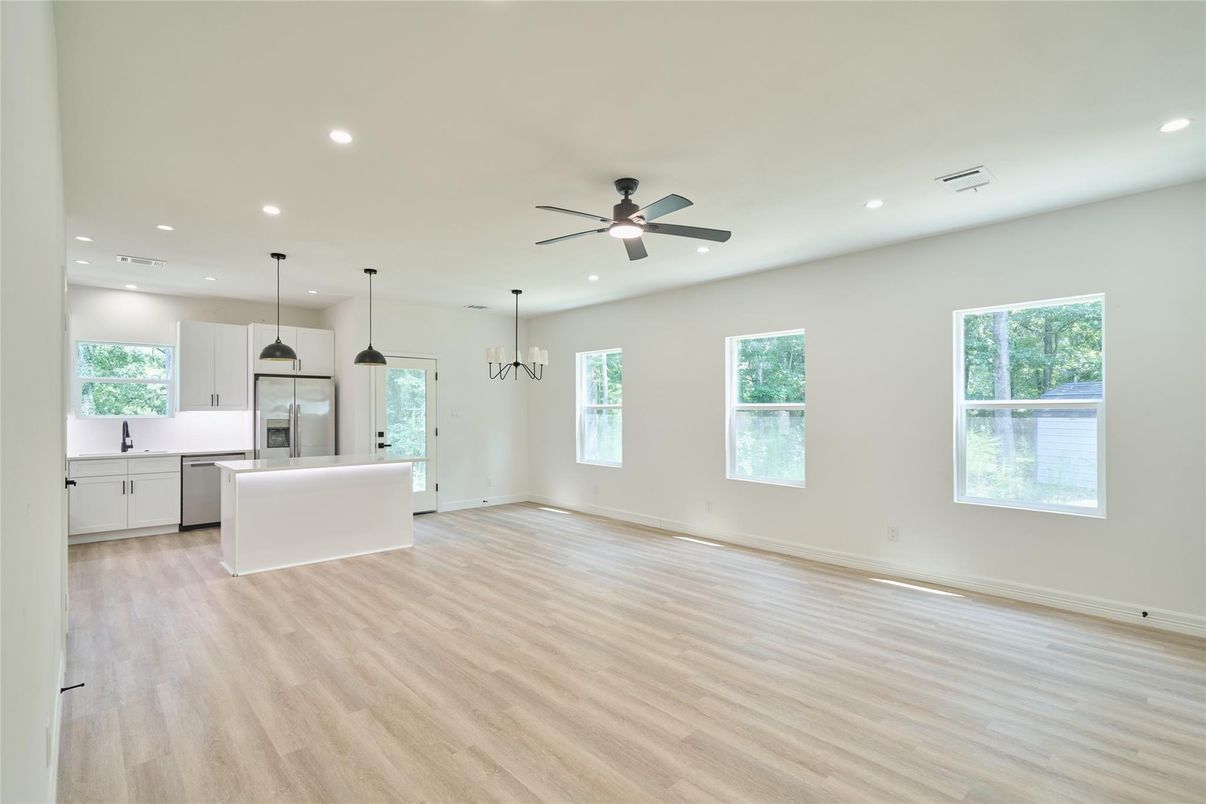 Empty room, Interior, Kitchen, Pendant Lights, Recessed Lighting, Wood Texture Flooring