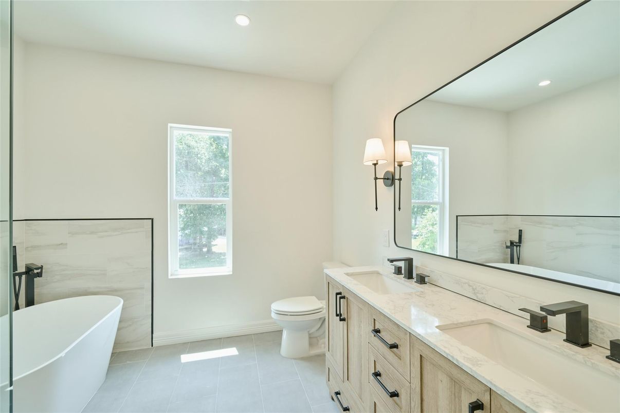 Bathroom, Dual Sink Vanities, Free Standing Baths, Interior, Marble Walls, Recessed Lighting