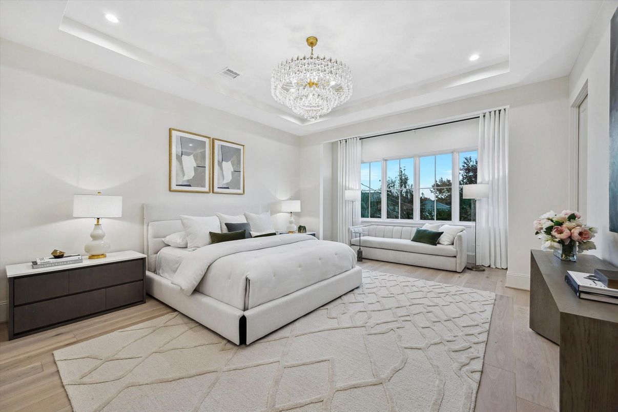 Bedroom, Chandelier, Interior, Recessed Lighting, Wood Texture Flooring