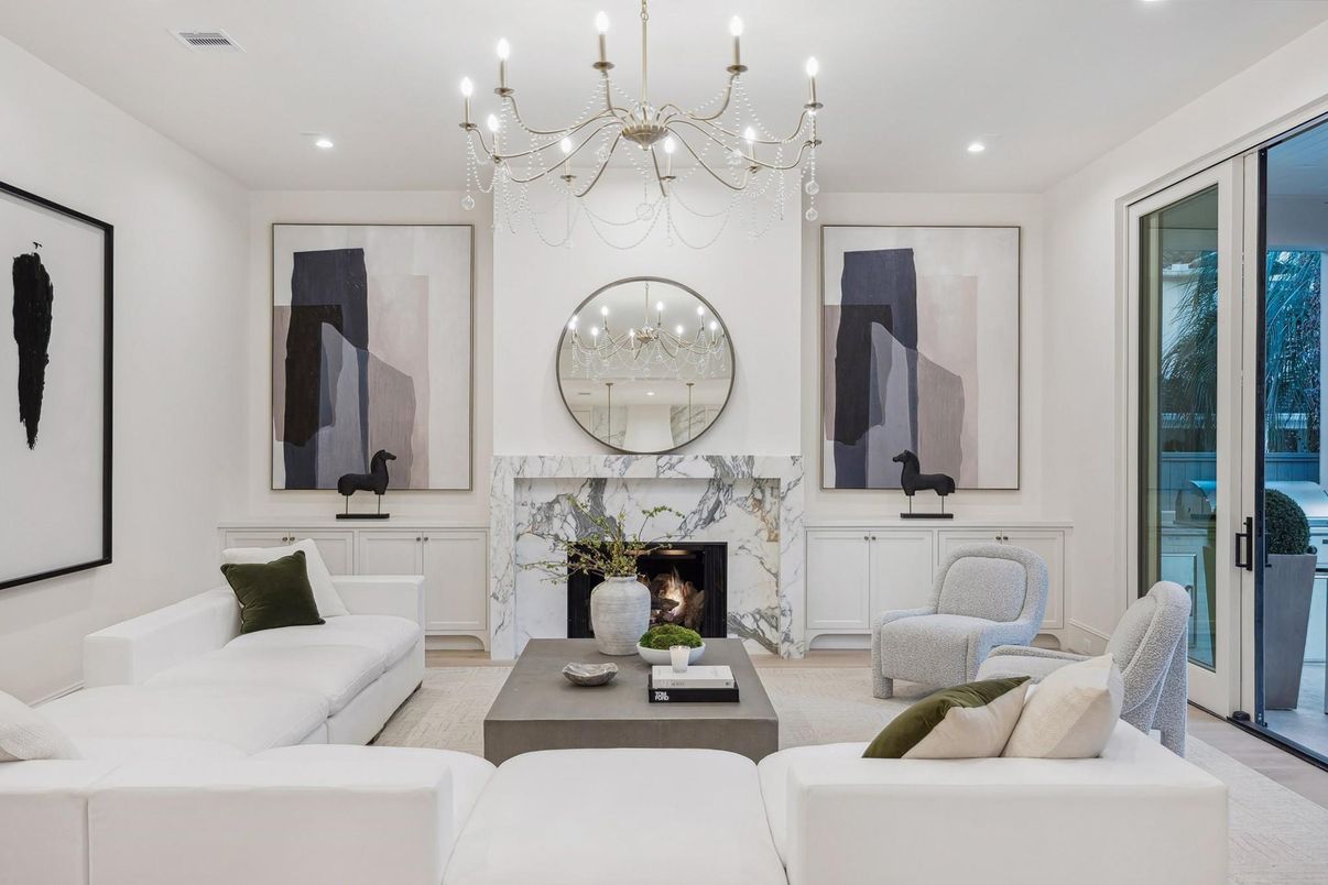 Chandelier, Fireplace, Interior, Living room, Recessed Lighting, Wood Texture Flooring