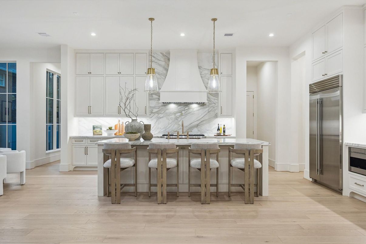 Interior, Kitchen, Marble Walls, Pendant Lights, Recessed Lighting, Stainless Steel Appliances, Wood Texture Flooring