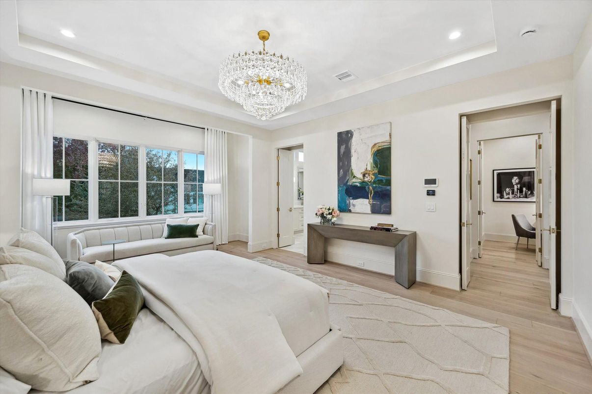 Bedroom, Chandelier, Interior, Recessed Lighting, Wood Texture Flooring