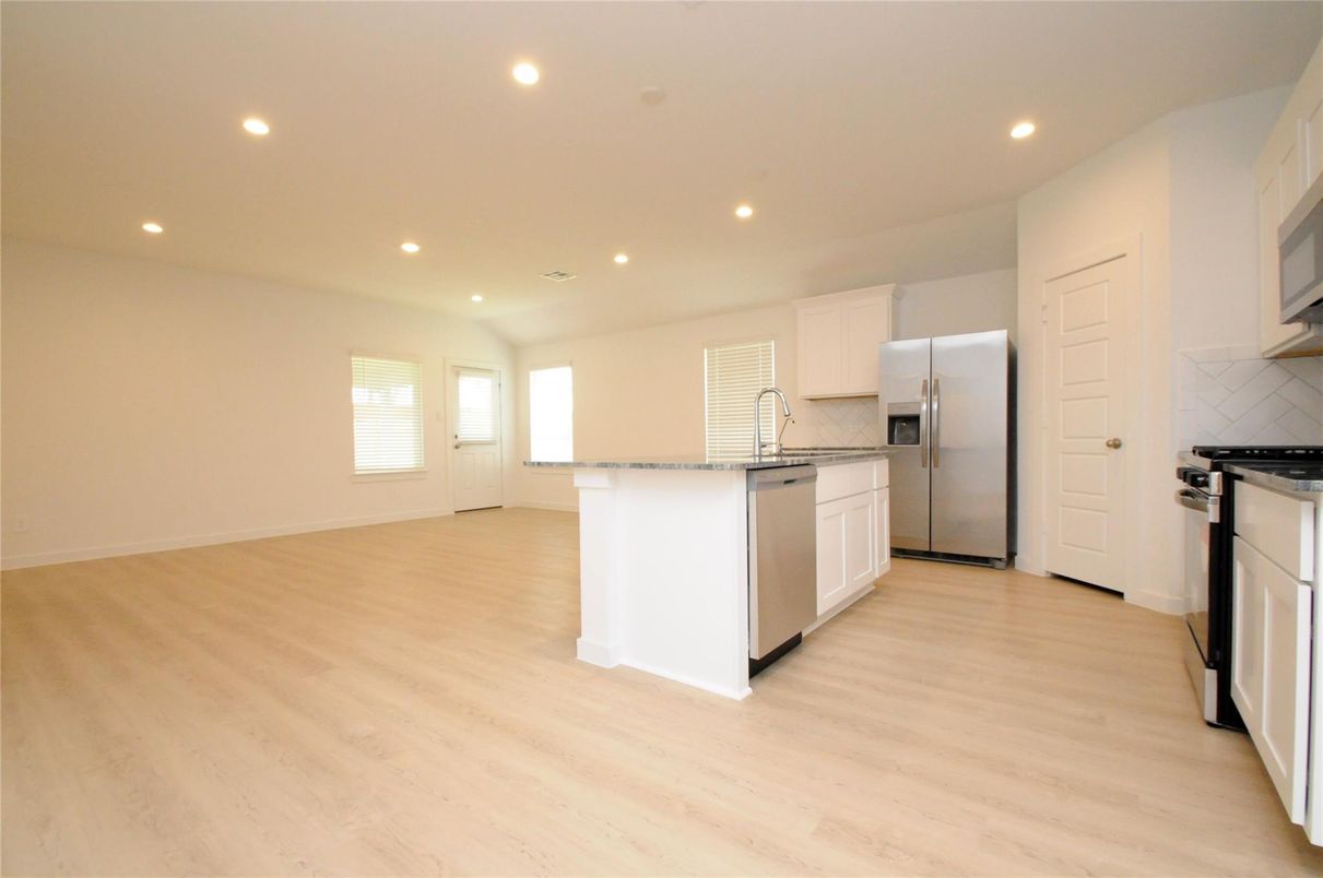 Interior, Kitchen, Recessed Lighting, Stainless Steel Appliances, Wood Texture Flooring